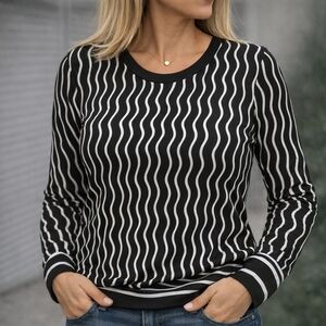 Michael Kors Black and White Wave-Stripe Long Sleeve Top.